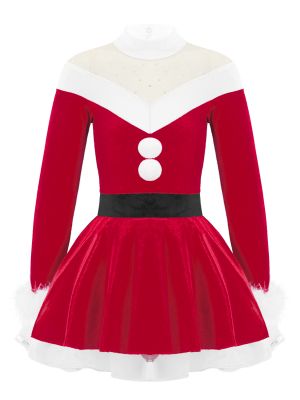 IEFIEL Kids Girls Velvet Long Sleeves Christmas Dance Tutu Dress Leotard Holliday Party Figure Ice Skating Costume Dancewear