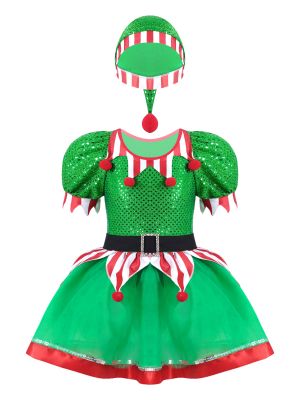 Kids Girls Elf Costume Christmas Santas Helper Sequins Tutu Dress with Hat