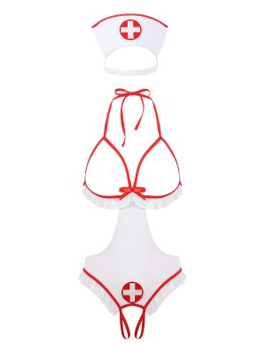 iEFiEL Womens Sexy Open Cups Porno Nurse Cosplay Costumes Crotchless Nurses Bodysuit Uniform Nightwear