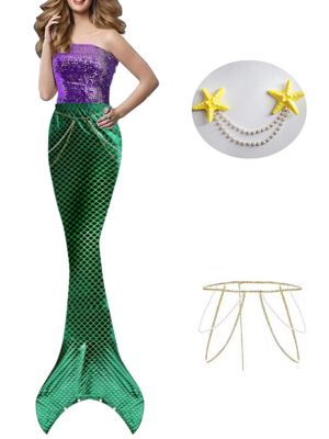 Womnes Mermaid Costume Sequin Tube Top Fish Tail Skirt 