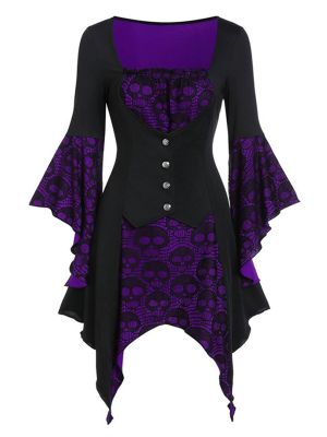 Womens Vintage Flared Sleeve Skull Lace Mini Dress